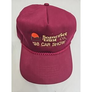 VINTAGE Somerset Trust Co. '98 CAR SHOW hat Sales Cars Maroon LEATHER STRAP CAP